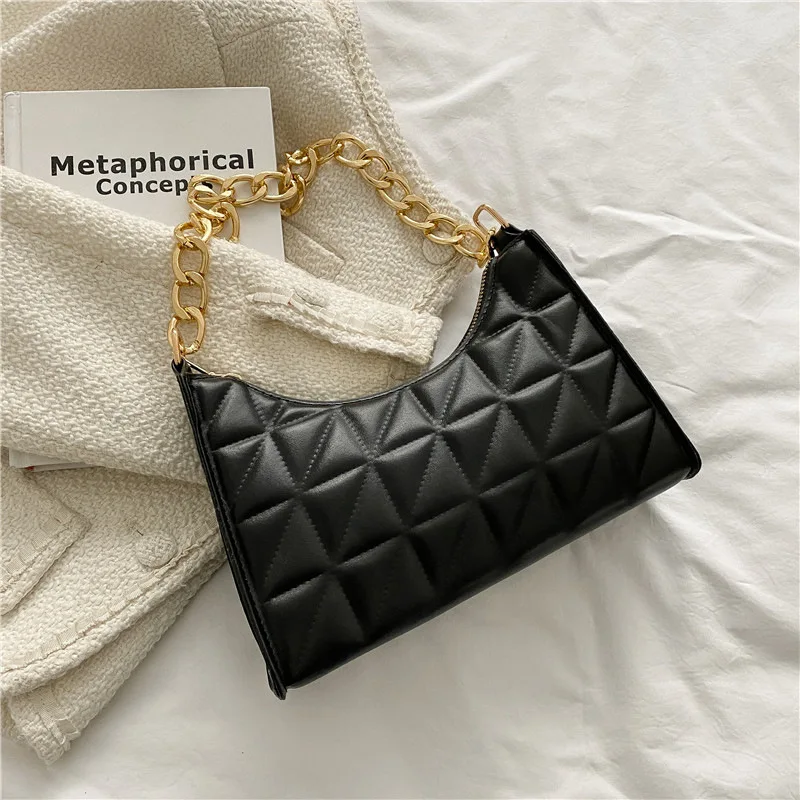 Women\'s Diamond Pattern Shoulder Bag PU Leather Solid Color Niche Chain Handbag Fashion Females Underarm Shopping Bag