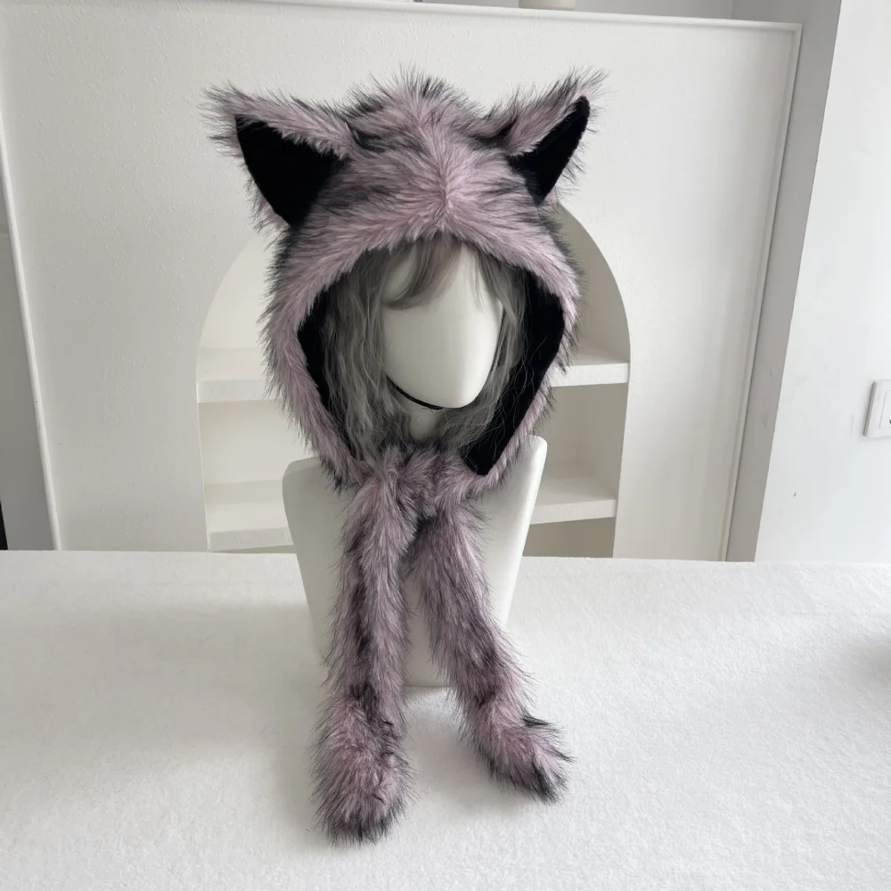 Y2K Dark Gothic Style Plush Faux Fur Hat Winter Warm Windproof Spicy Girl Cat Ear Halloween Punk Rock Cosplay Harajuku Decor