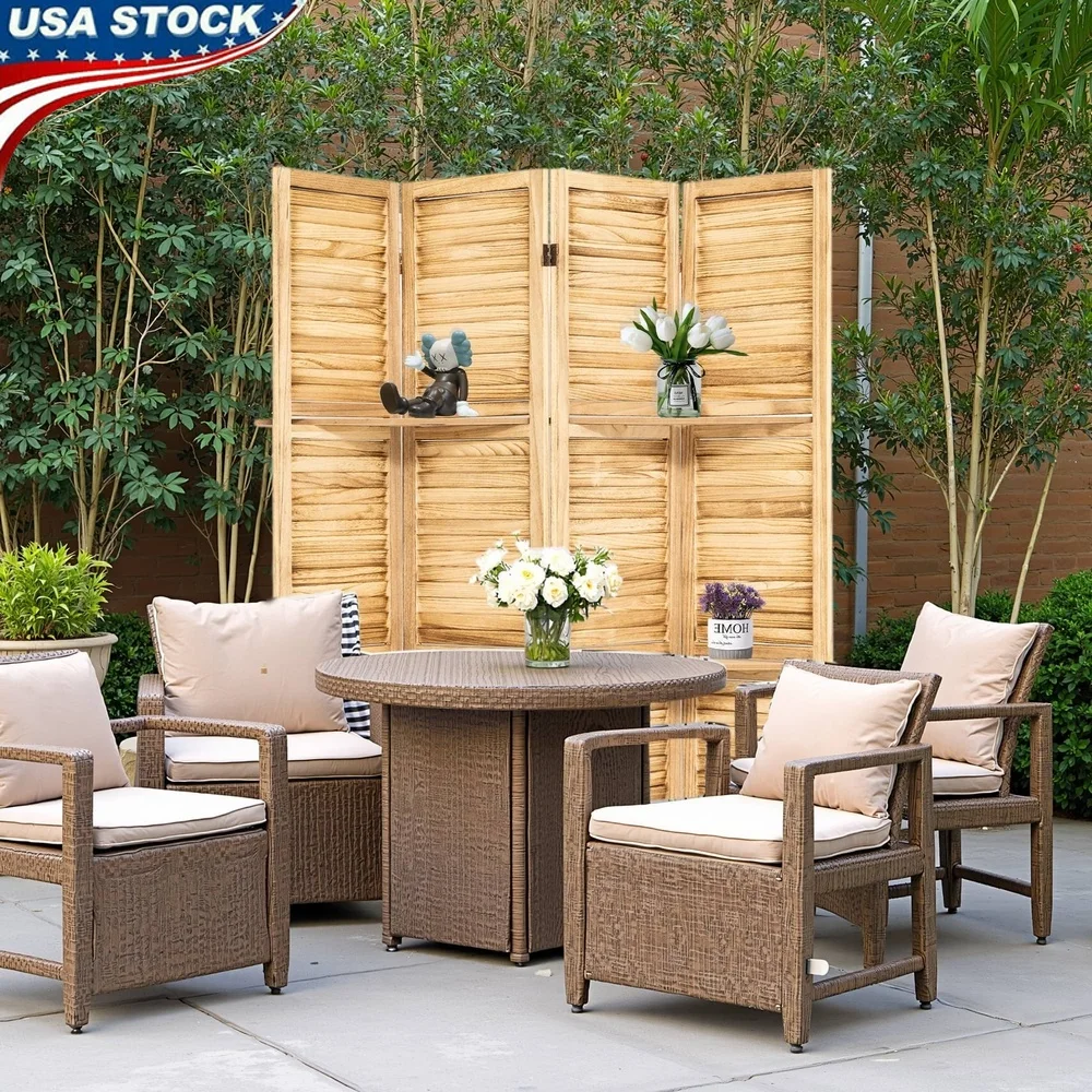 

4 Panel Freestanding Wood Room Divider with Open Display Shelves Indoor Partition Natural Solid Wood Storage Organizer