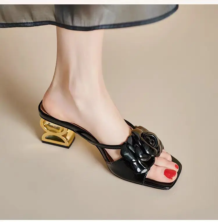 Camellia slippers fancy summer wear 2024 soft leather new line flower sandals open toe with half drag female