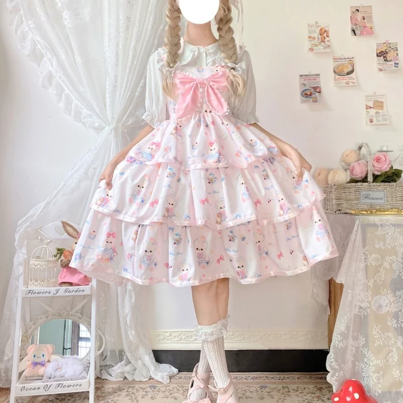 Lolita Bow Dress Sets Women Summer New Princess Sweet Short Sleeve White Shirt Birthday Dresses Suits Femininos