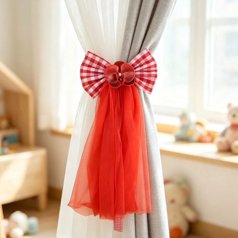 2 Pack Decorative Curtain Tieback Clip Gingham Plaids Bowknot Window Drape Holdbacks, No Drilling Window Accent for Sheer Y5GB