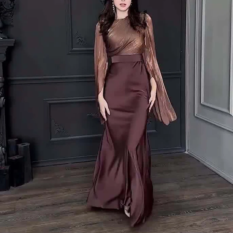 Women\'s Patchwork High Waist Evening Dress Elegant Solid Color Party Long Dresses Fall Fashion O-Neck Slim Satin Dress New 2024