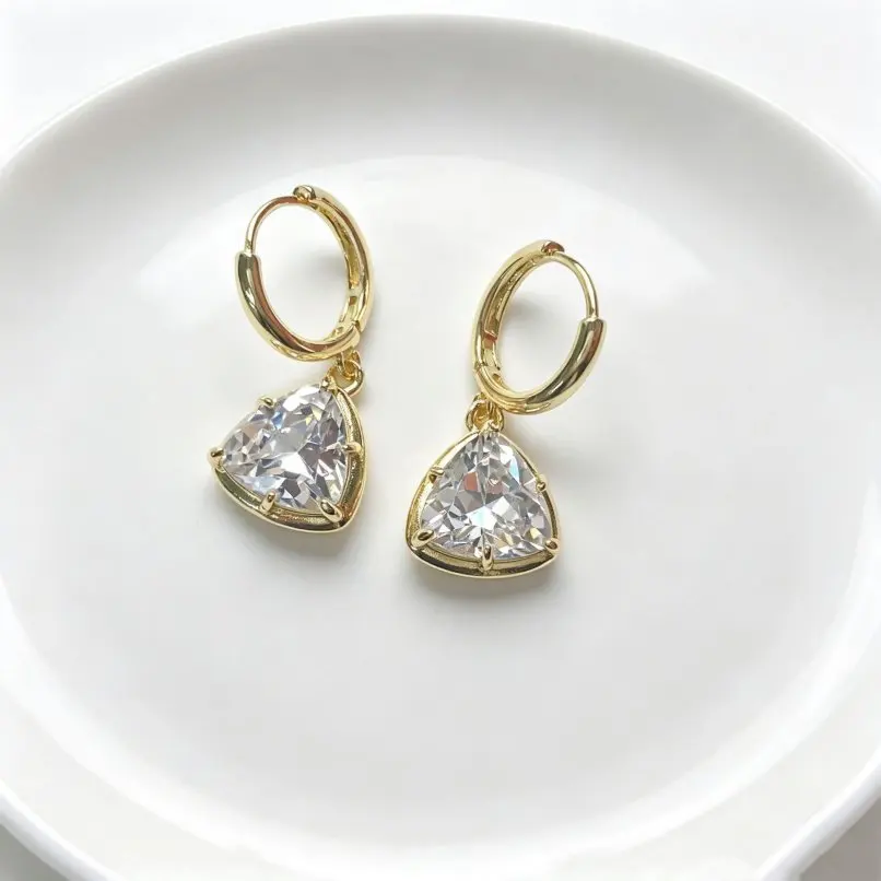 Invisible Setting Gold Color Earrings Cubic Zirconia Inverted Triangle Copper Approx 32mm Jewelry Special Gift