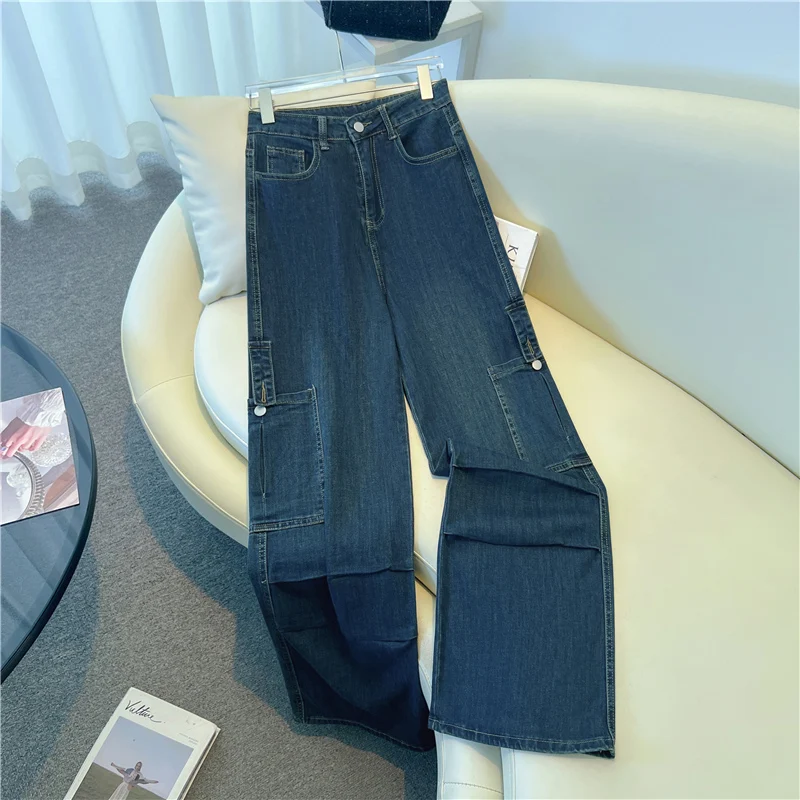 

Women's Dark Blue High Waist Wide Leg Jeans Loose Casual Multi Pockets Design Denim Pants Streetwear Versatile Retro Trousers