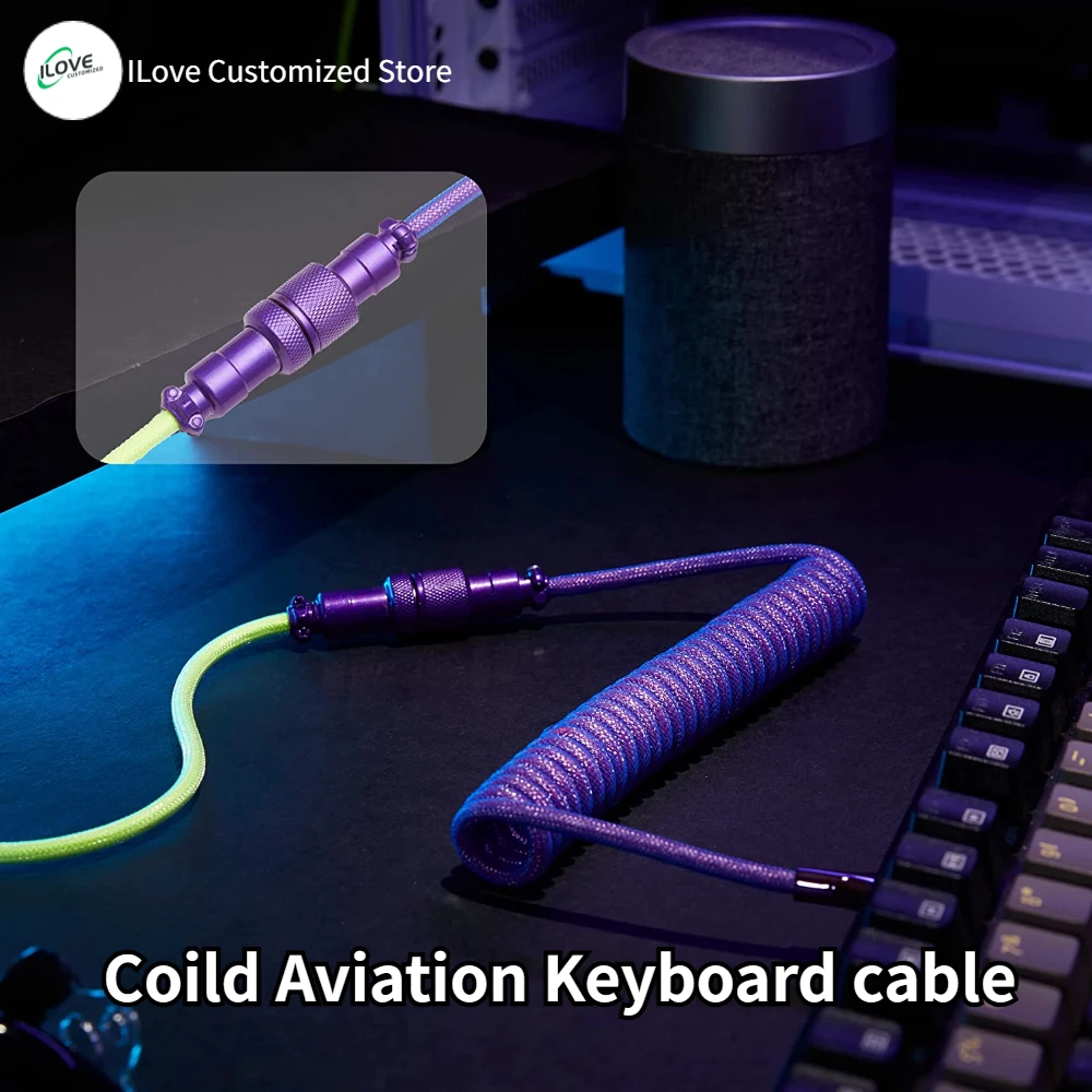 Coiled Keyboard Cable USB C for Mechanical Gaming Keyboard Double-Sleeved Wire with Detachable Metal Aviator Connector Charging