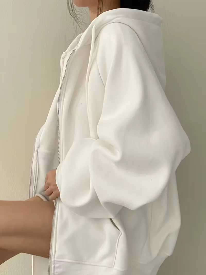 Damen Casual Übergroße Hoodies Sweatshirt Reißverschlusstaschen Einfarbiger Pullover Loose Fit Herbst Winter Herbst Streetwear Jacke