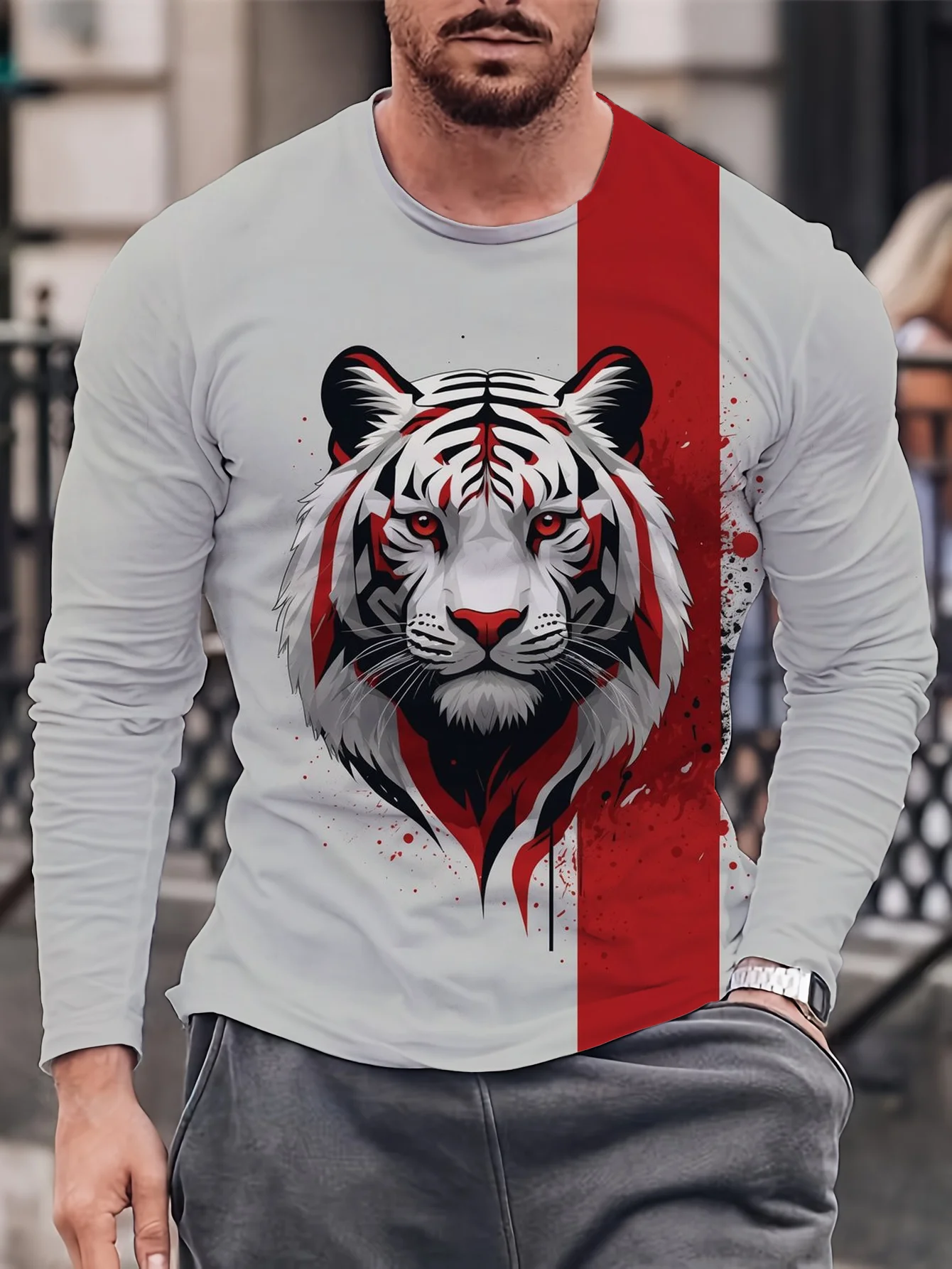 

Trendy Cool Fierce Tiger Graphic 3D Printed Polyester Men's T-shirt Spring And Autumn Casual Loose Crew Neck Long Sleeve T Shirt