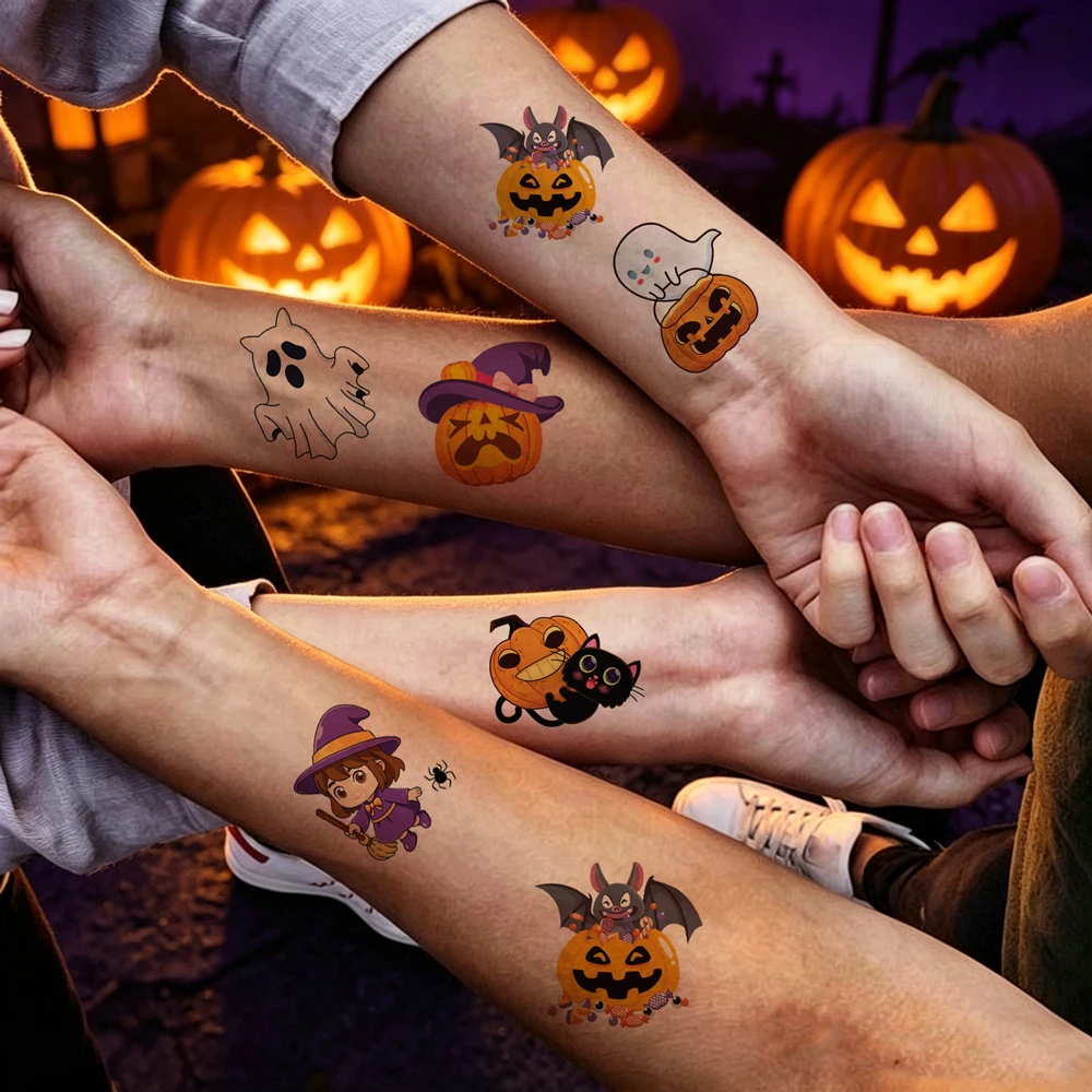 30pcs Halloween Temporary Tattoo Stickers Scary Pumpkin Ghost Spider Web Cartoon Tattoo Stickers for Halloween Favor Body Decor