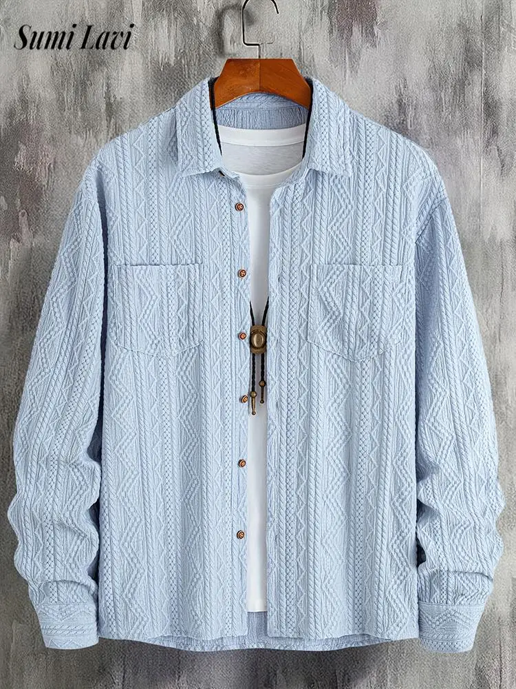 

2026 Spring Autumn Casual Mens Outerwear Solid Color Button-up Cardigans Men Vintage Turn-down Collar Jacquard Textured Jacket