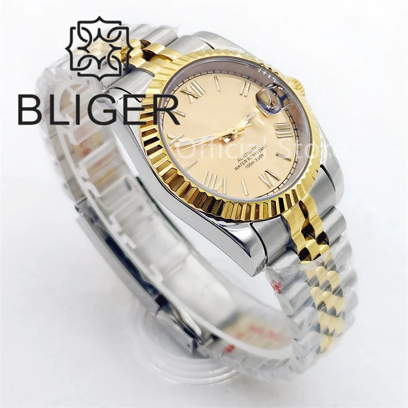 BLIGER Luxury Gold Dial Wristwatch For Men NH35A 36mm/39mm Two-tone Gold Fluted Bezel Sapphire Glass Date Jubilee Bracelet Slide