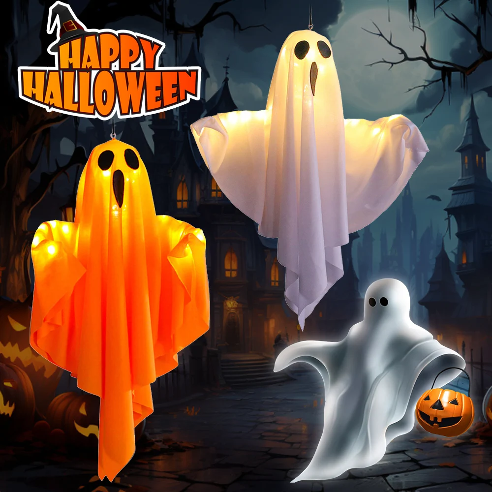Halloween Glowing White Ghost IP65 Waterproof Glowing Door Hanging Ghost Room Escape Scene Props for Halloween Garden Home Decor