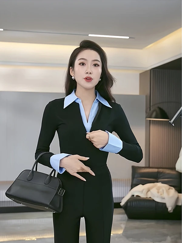 تي شيرت نسائي كوري جديد بتصميم قطعتين وهميتين، قميص داخلي نحيف للربيع والخريف بتصميم مدمج وأكمام طويلة