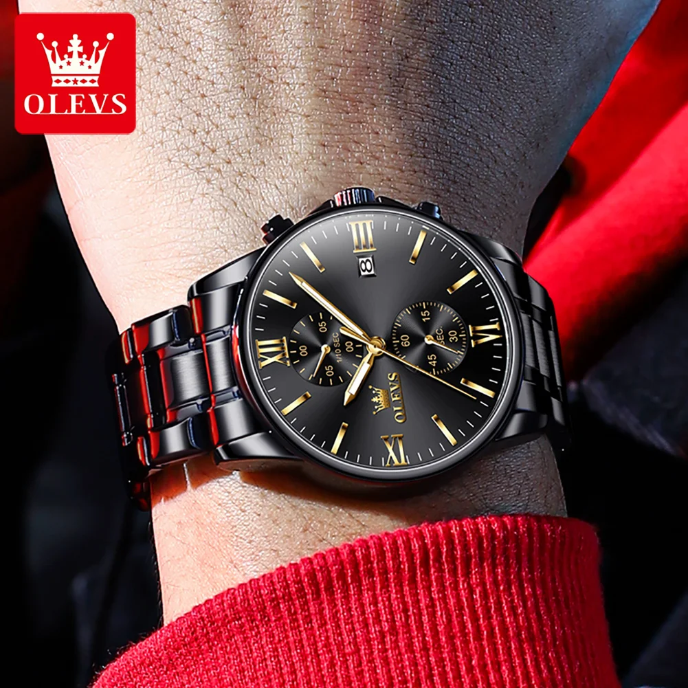 OLEVS 2886 Men\'s Watches Black Stainless steel High Quality Multifunctional Small Dial Watch Man