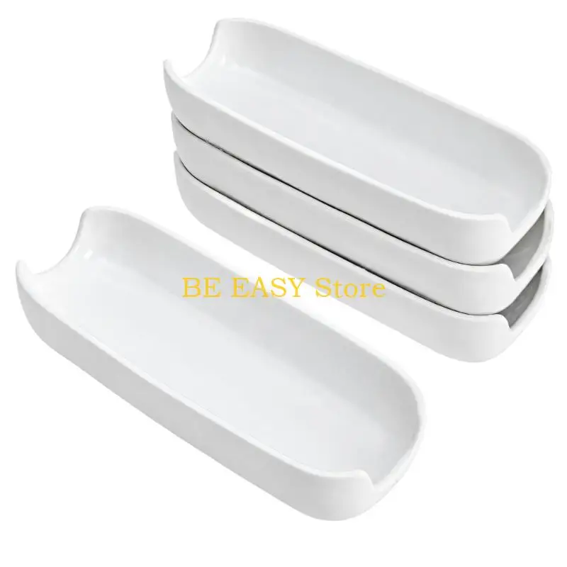 E28F Elongated Corn Serving Dishes in White Porcelain, Set of 4 Individual Trays with Elevated Ends That Fit Together for