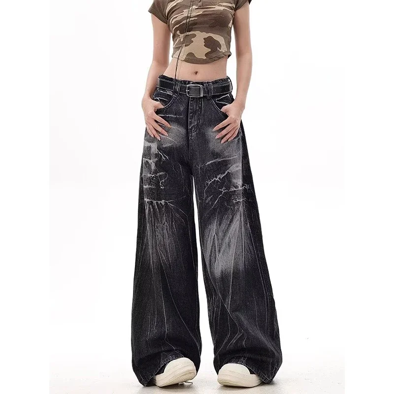 Streetwear Women Vintage Baggy Jeans Oversize Hip Hop Fashion Y2K 90s Wide Leg Denim Trousers High Waist Black Cargo Pants