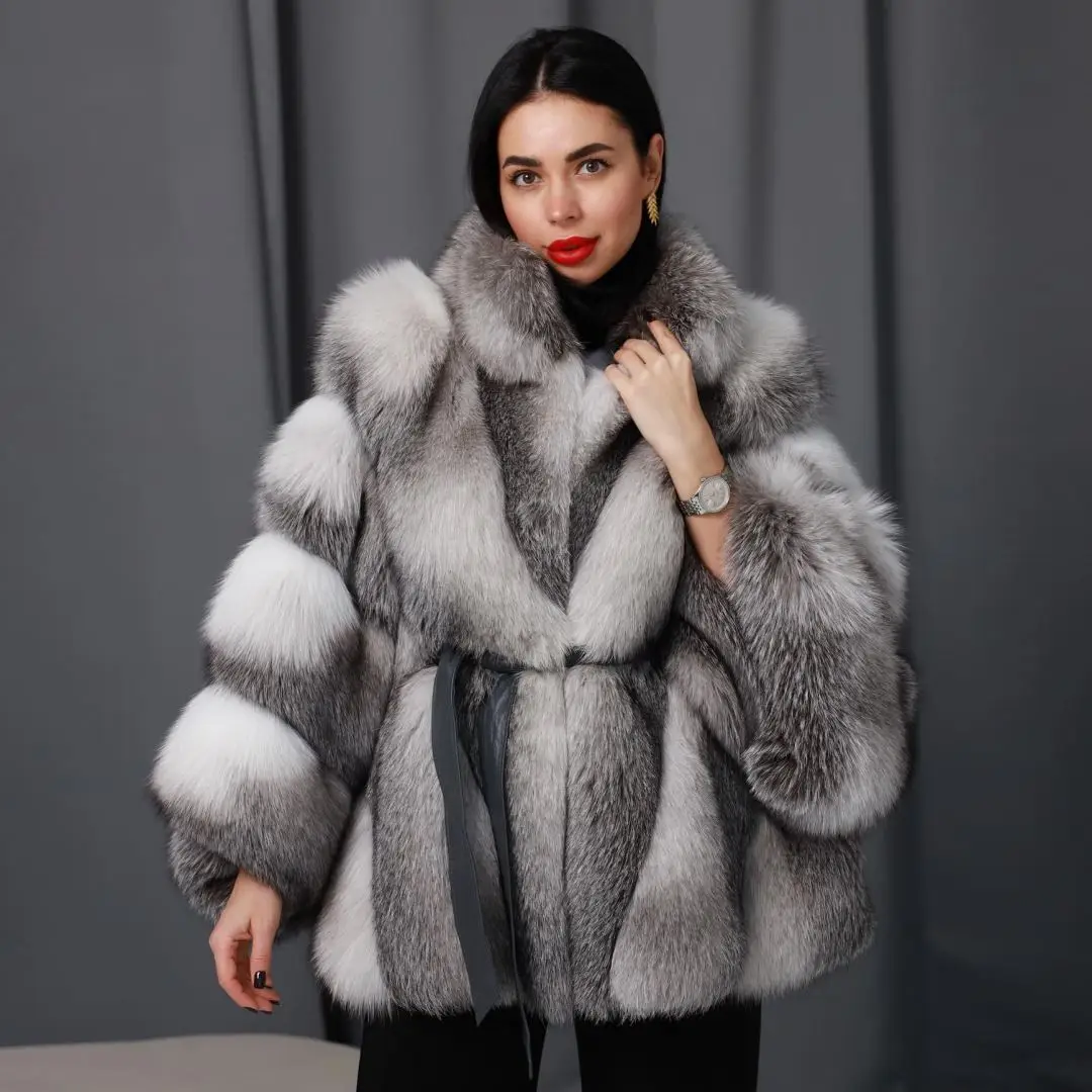 Luxury Women Real Cross Fox Fur Coats Whole Skin Stand Collar Jacket Winter Thick Warm Natural Fox Fur Outwear