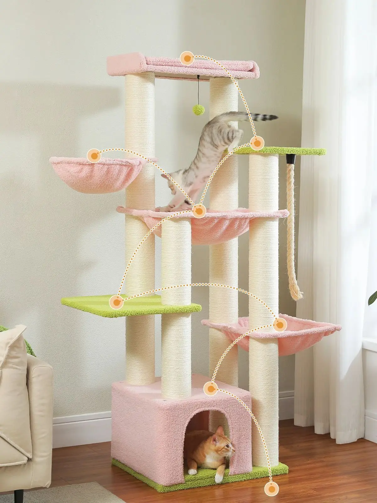 Grote Krabpaal Toren voor Grote Katten Robuust met Verschillende Niveaus Kattenhuis Klimboom met Hangmat 11 Sisal Berichten Grote Baars - afbeelding 2