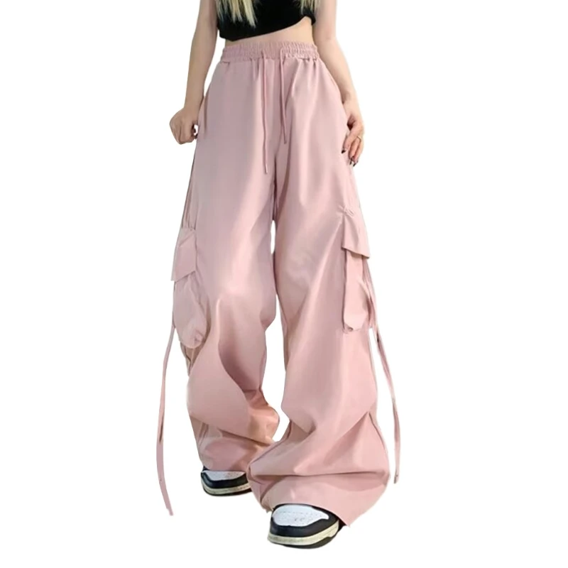 

Women Drawstrings Waist Wide Leg Parachutes Pant Boyfriend Cargo Trousers Sweatpants with Flap Pockets and Straps 066C