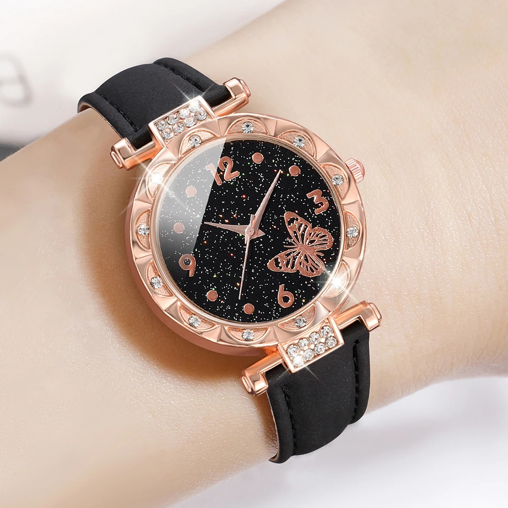 1PCS Simple Luxury Butterfly Element Leather Strap Watch Black Casual Fashion Quartz Watch Is The Perfect Gift For Her (No Box)