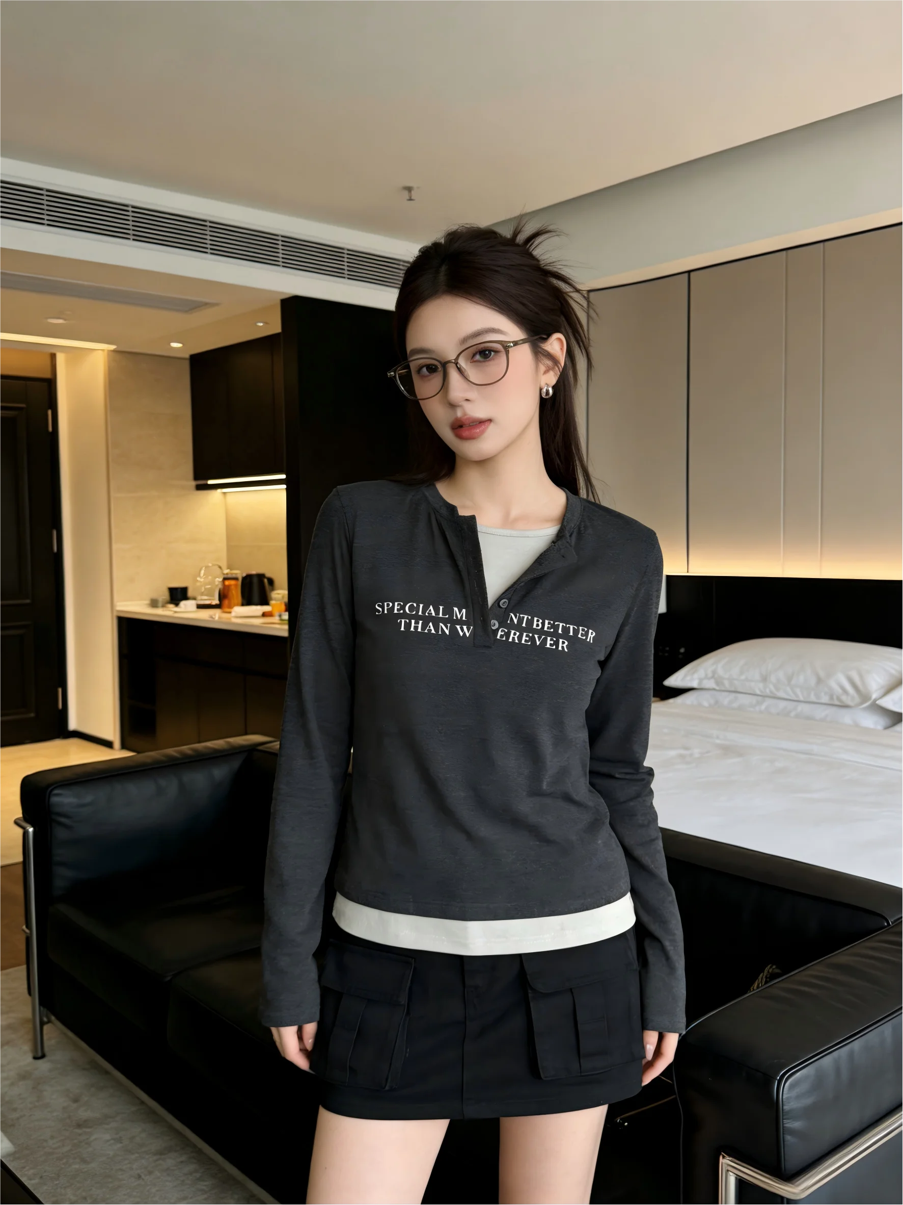 

Женская футболка с принтом, универсальная, облегающая, с высокой талией, в корейском стиле, с длинным рукавом, базовая модель