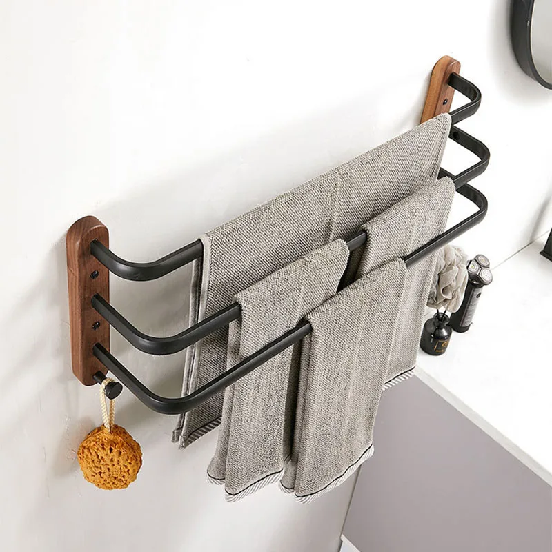 Imagen 4: Toallero de Baño de Madera de 40cm-60cm, Negro/Blanco, de Aluminio, para Colgar en la Pared, con Múltiples Barras y Ganchos