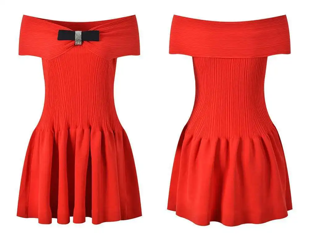 Verão outono diamantes tricô camisola vestido feminino malhas sexy slash neck arco uma linha plissado baile de formatura vestidos curtos senhora