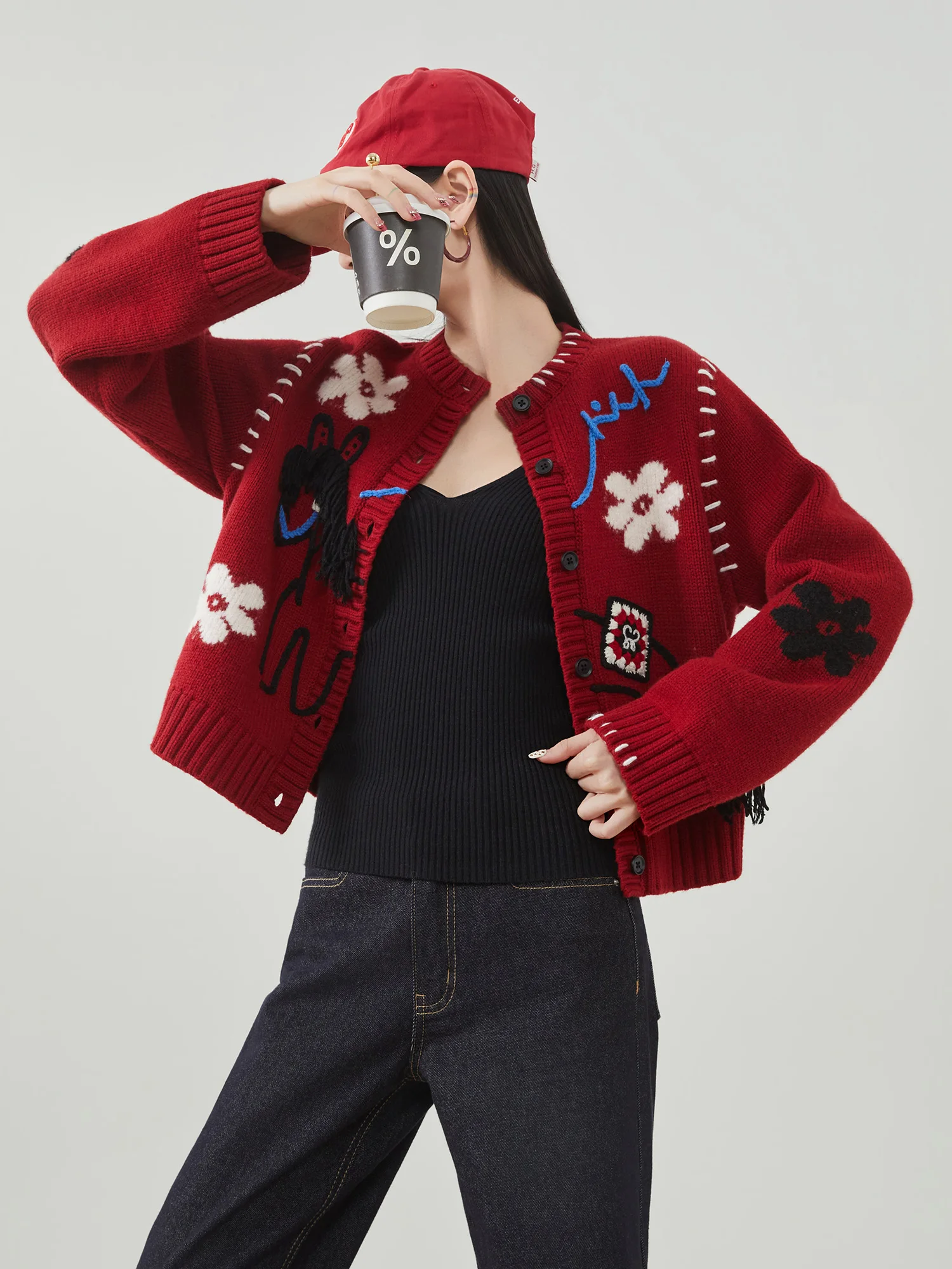 

Красный вязаный кардиган с цветочной вышивкой, утолщенный, с круглым вырезом, женский, весенний, новый, повседневный, свободного кроя, свитер-жакет