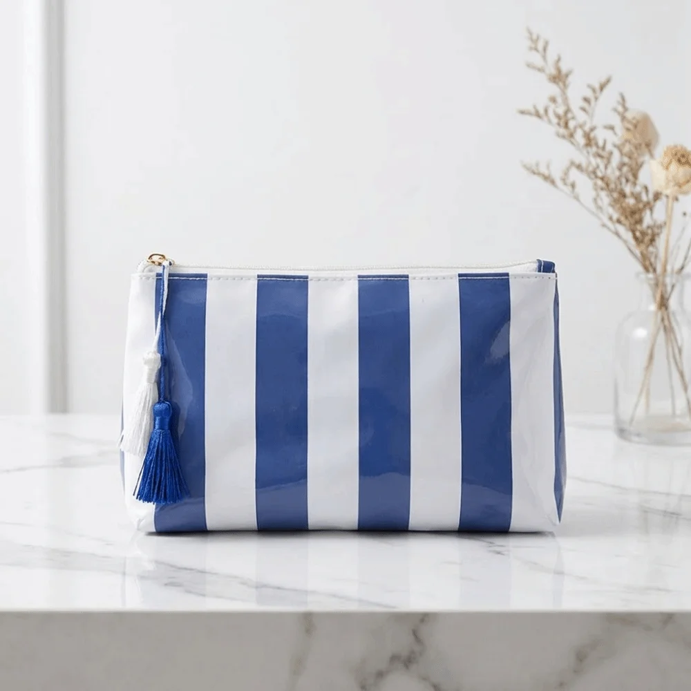 Waterproof Striped Cosmetic Bag Large Capacity Polyester Lining PVC Toiletry Bag Smooth Zipper Simple Beach Storage Bag