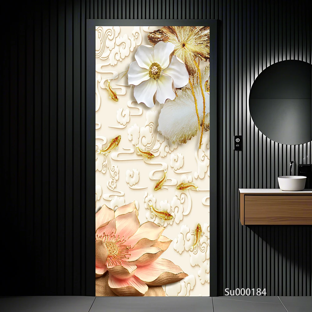 Oriental 3D Relief Lotus Door Mural Self Adhesive PVC Door Sticker Floral Gold Fish Butterfly Home Entrance Decor Wallpaper view 3