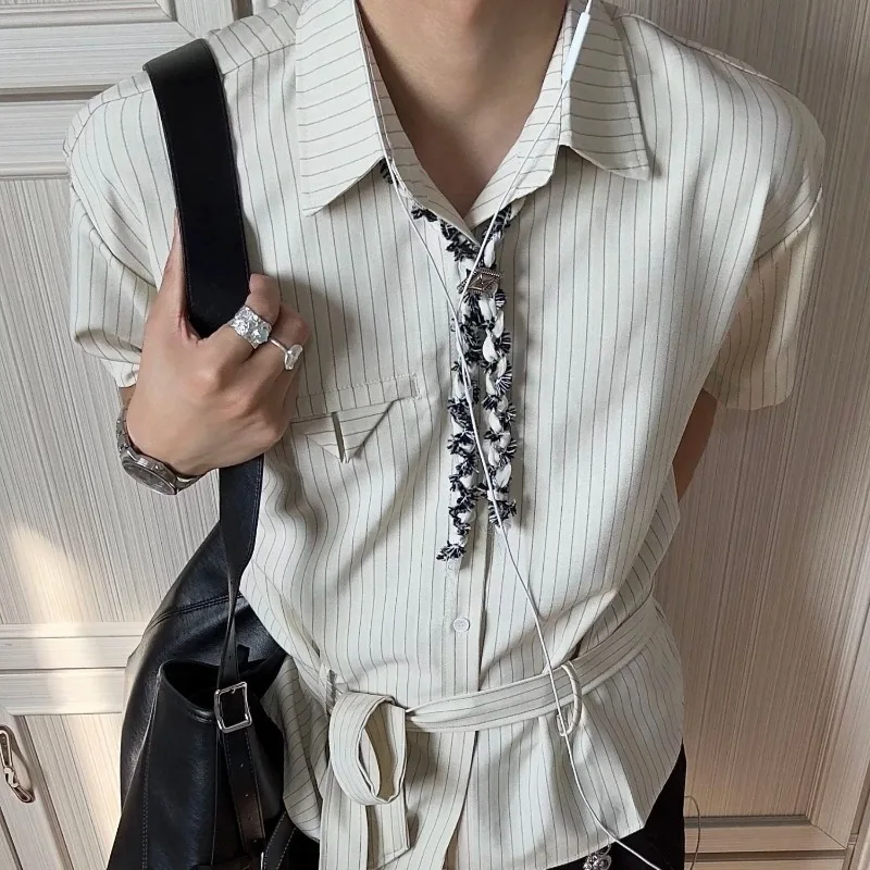 

Women's Clothing American Striped Spliced Blouse Short Sleeve Loose Summer Turn-down Collar Button Fashion Bandage Basic Shirts