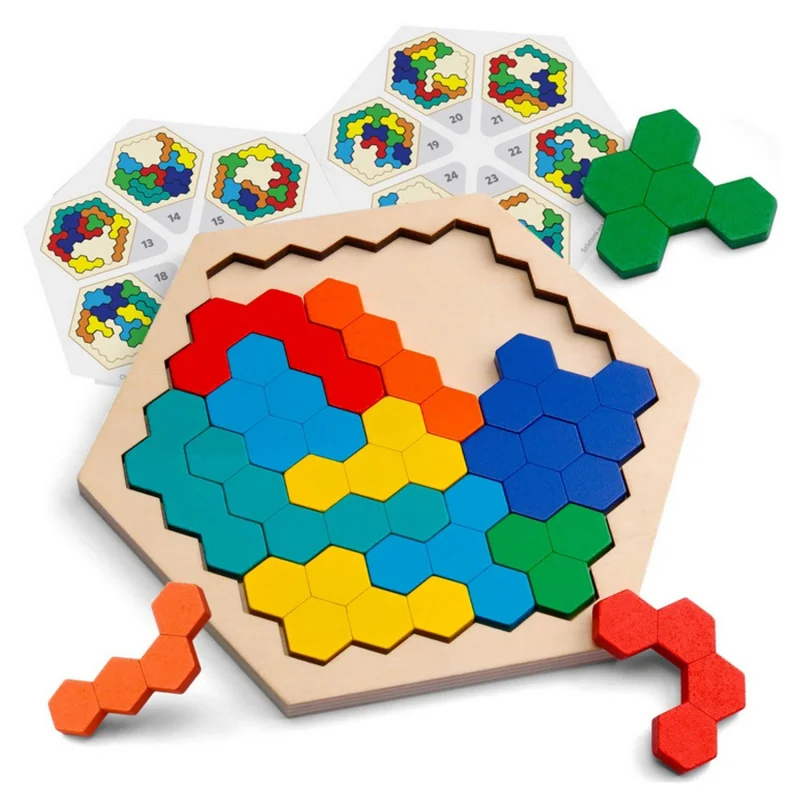 【In Stock】Kids Wooden Hexagon Puzzle Shape Pattern Block Educational Intelligence Games Toys for Children Boys Girls Birthday Ch