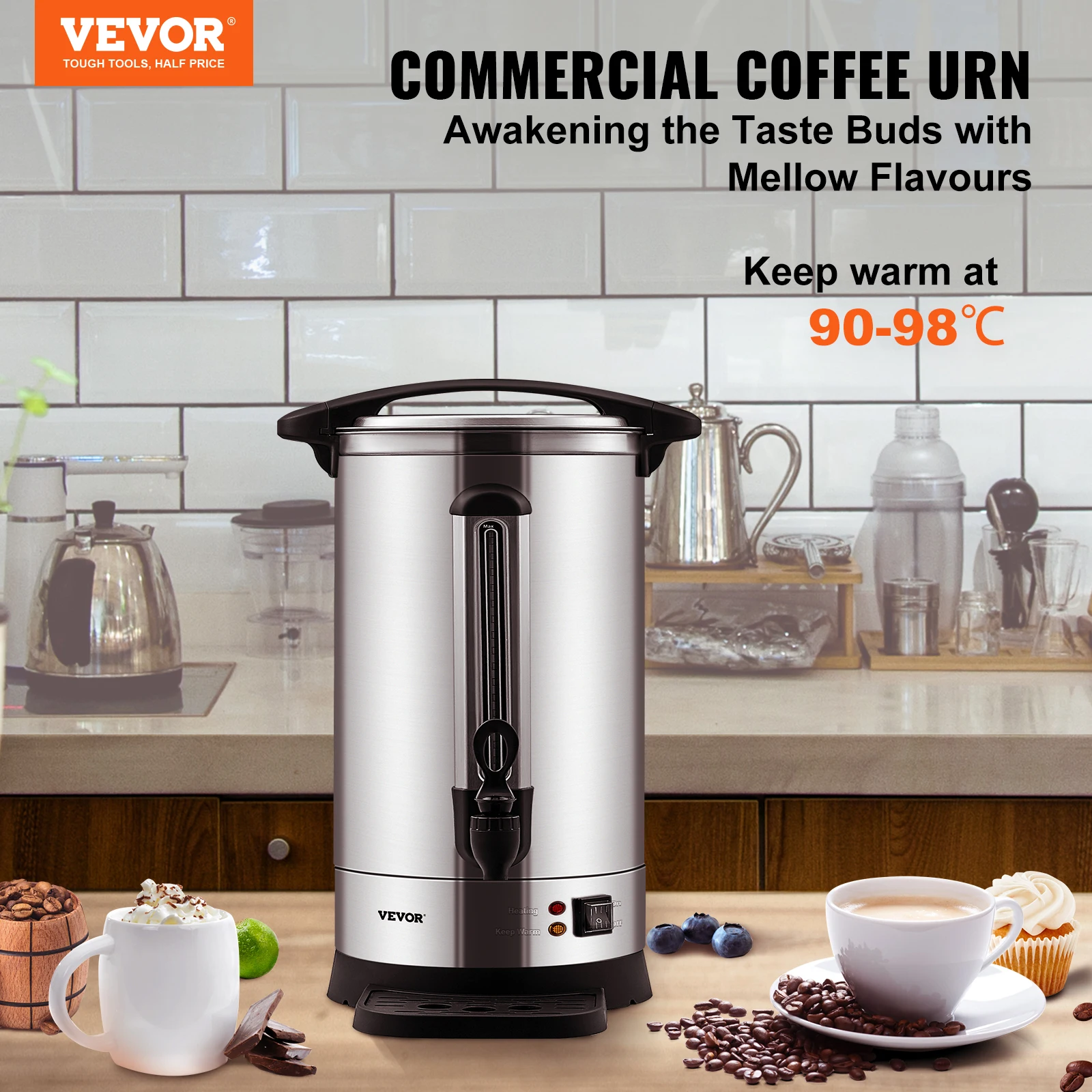 VEVOR Percolateur à Café 9,75 L 65 Tasses Distributeur de Boissons Chaudes en Acier Inoxydable Filtre Permanent Marmite à Vin Chaud 90-98 ℃ Maintenu Infusion Rapide Appareil Chauffe Eau Thé Chocolat