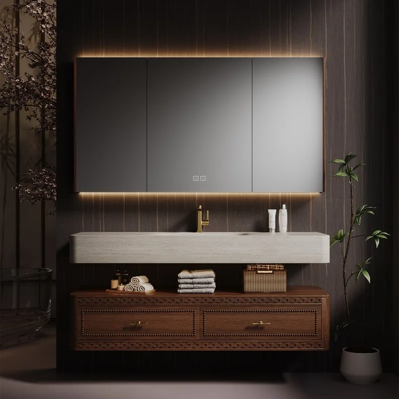 French Vintage Carved Dark Solid Wood Brass Floating Double Sink Bathroom Vanity With Marble Top Smart LED Mirror Cabinet