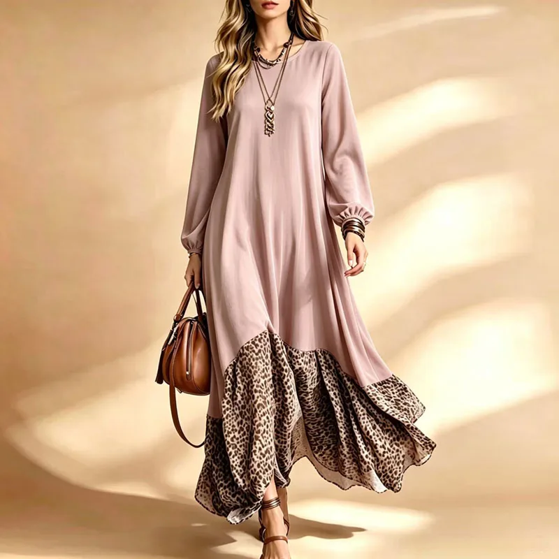 Boho Spliced Maxi Dress Women O Neck Long Sleeve Leopard Print Ruffle Flowy Hem Loose Long Dress Retro Fall Holiday Casual Dress