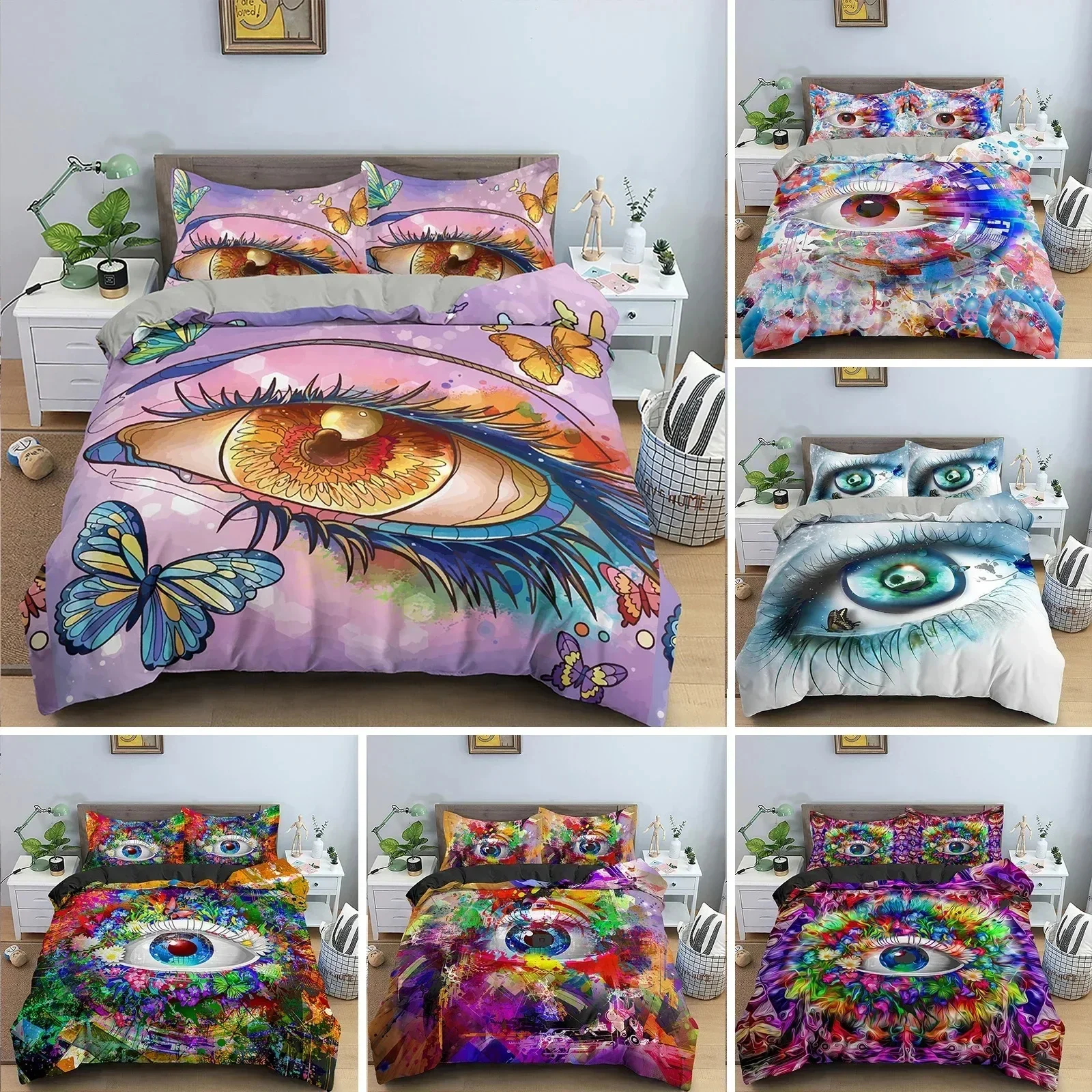 Blue Evil Eye Duvet Cover King Queen Size Psychedelic Magic Drawing Eyes Bedding Set For Kids Teens Adults Polyester Quilt Cover