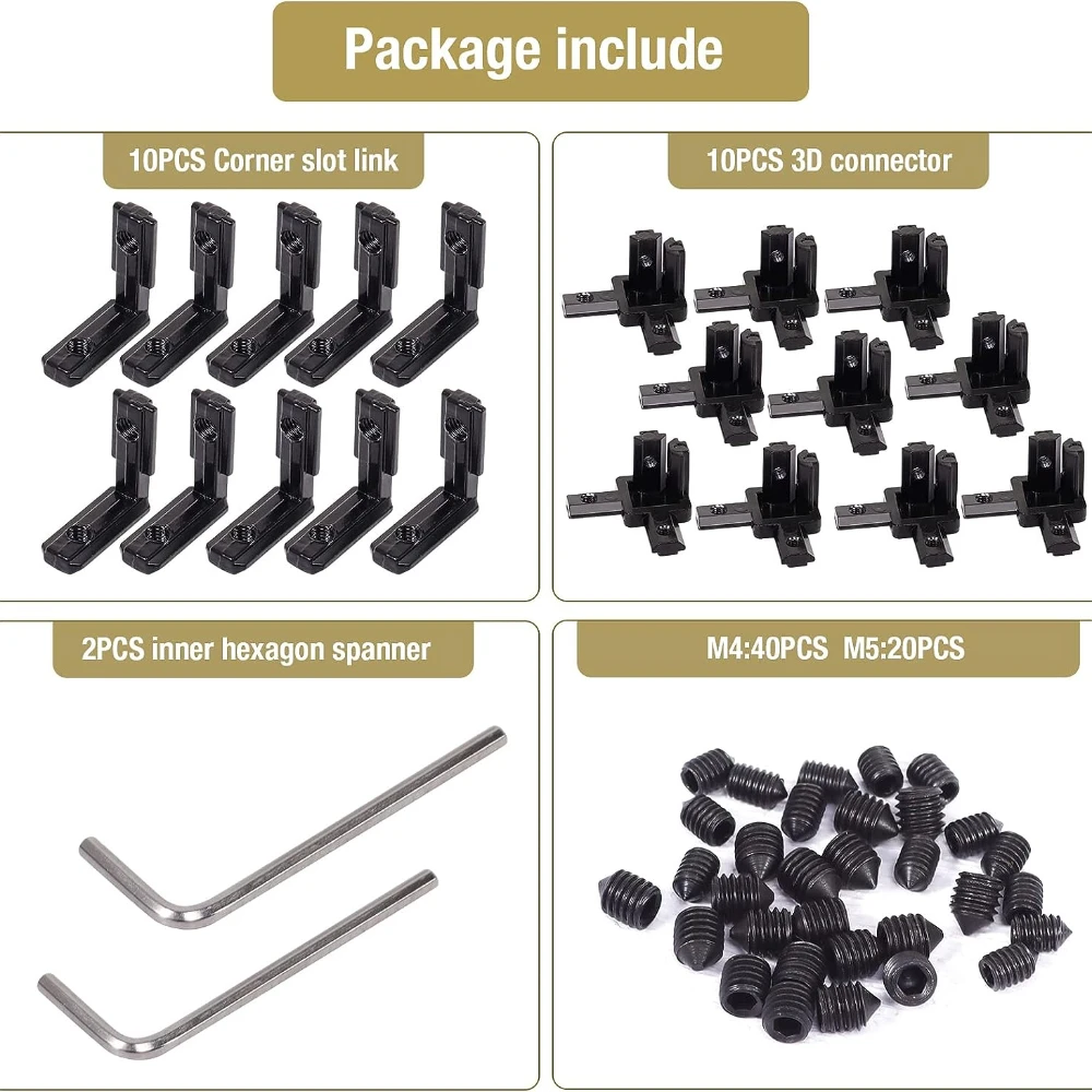 22Pcs 2020 Aluminum Extrusion Connectors 3-Way End Corner Bracket Connector Black T Slot L-Shape Interior Corner with Screws