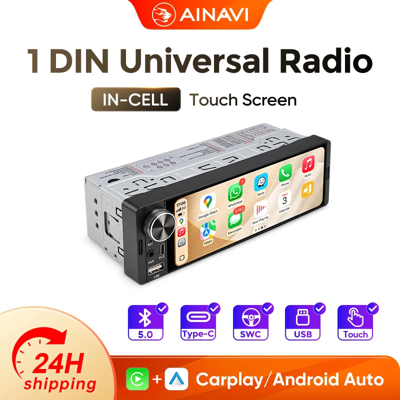 Ainavi K40S Carplay 1 Din Android Auto Autoradio Universelles Auto-Multimedia-Gerät MP5 BT 5.0 Autoradio Typ-C USB HD IPS Touchscreen 1280*480 CVBS Rückfahrkamera