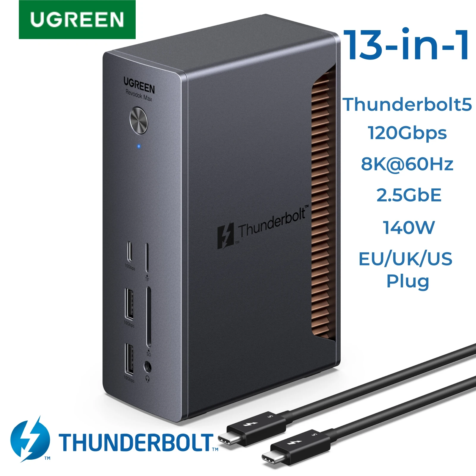 유그린 썬더볼트 5 도킹 스테이션 8K60Hz 120Gbps 2.5GbE RJ45 SD&TF 3.5mm 맥북 노트북 델 XPS 레이저 블레이드 18 USB-C 허브