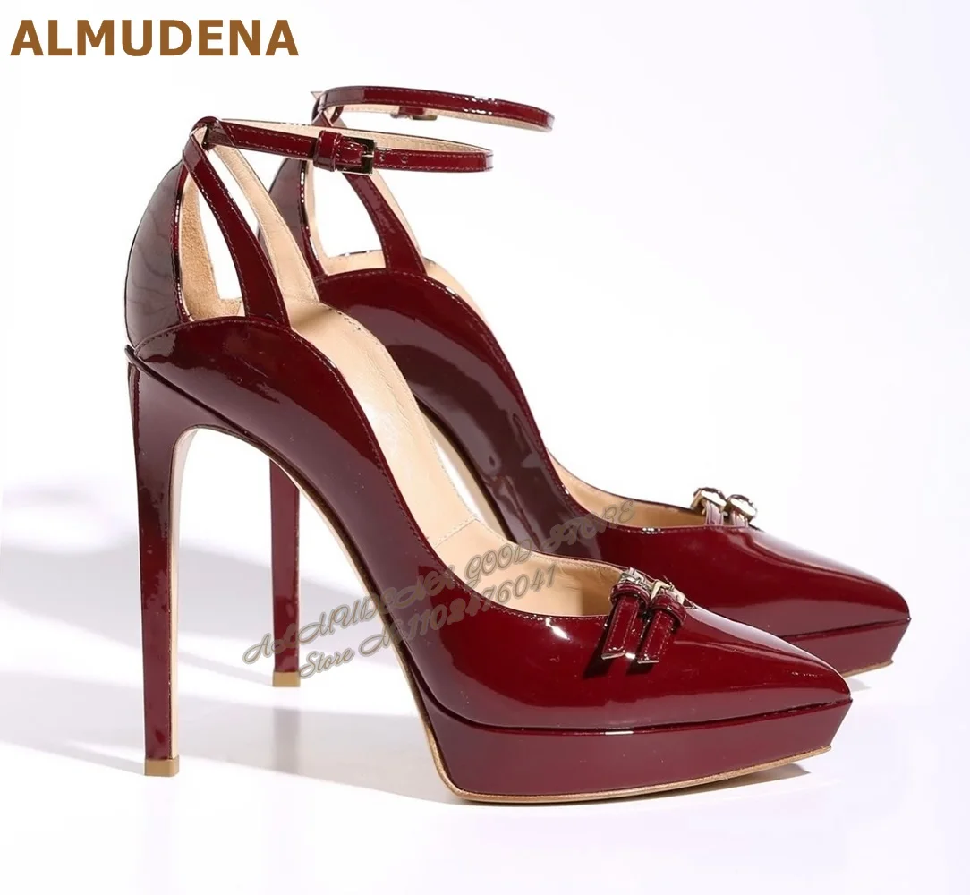

ALMUDENA Wine Red Patent Leather Pointed Toe Pumps Platform Stiletto Heel Buckle Strap Dress Shoes Hollow Out Evening Footwear