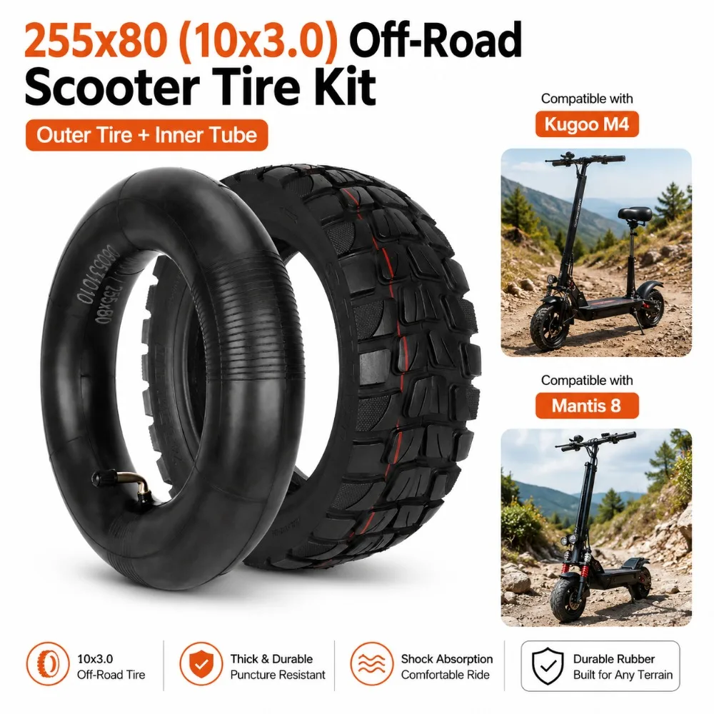 255*80 (10x3.0) Scooter Pneumatic Tire Set Offroad Outer Tyre + Inner Tube for Kugoo M4 Mantis 8