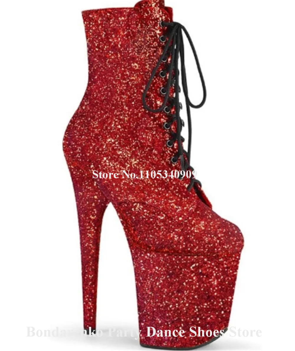 Bondarenko Bling Bling Red Black Glitters Stiletto Heel Short Boots Round Toe Lace-up High Platform 20cm Thin Heel Dance Shoes