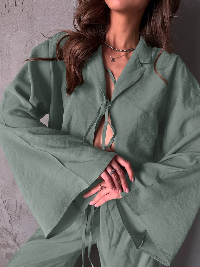 Marthaqiqi Loose Women Pajamas Suit Turn-Down Collar Sleepwear Long Sleeve Nightgowns Lace Up Nightwear Pants Casual Pyjamas Set