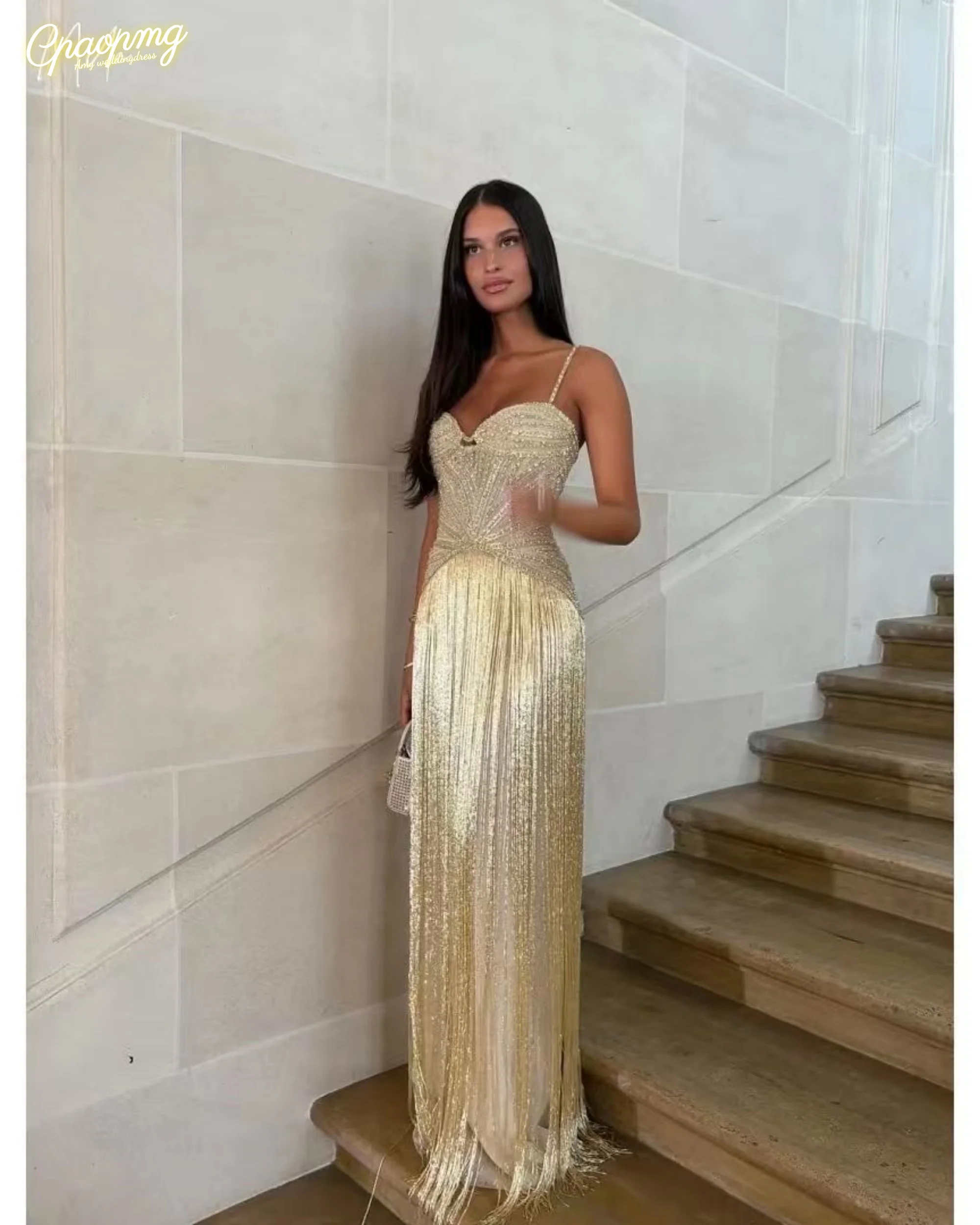 Vestidos de baile dourados personalizados, alça espaguete, miçangas, personalizado, formal, sem mangas, até o chão, linha a, vestidos de gala