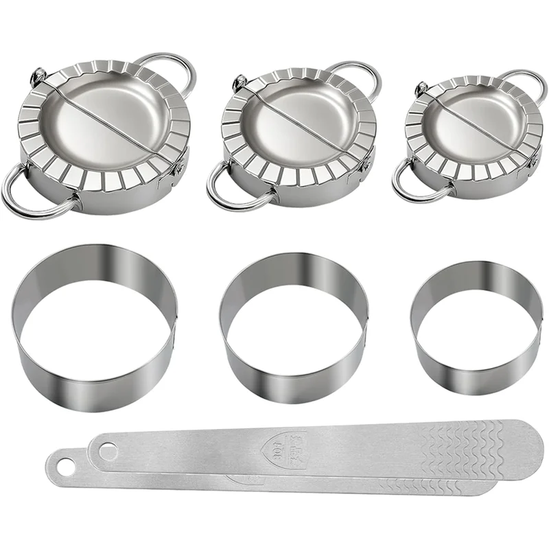 Juego de hacer dumplings de acero inoxidable A88E-3-In1 - Molde para prensa de dumplings y empanadas con cortadores de masa (3", 3,4", 3,8")
