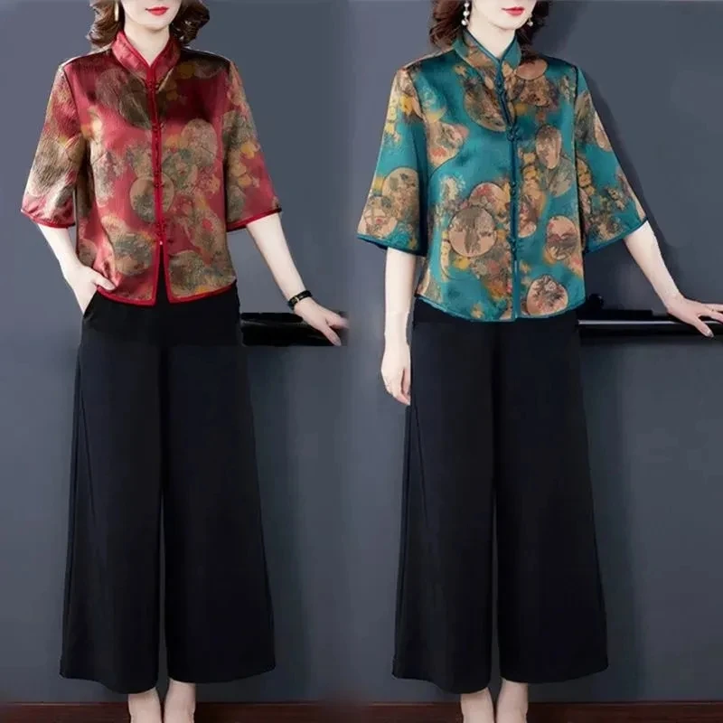 

High Quality Silk Shirt Women's 2022New Mother Heavy Printed Mulberry Silk Middle-Aged And Elderly Two-Piece Wide-Leg Pants Sets