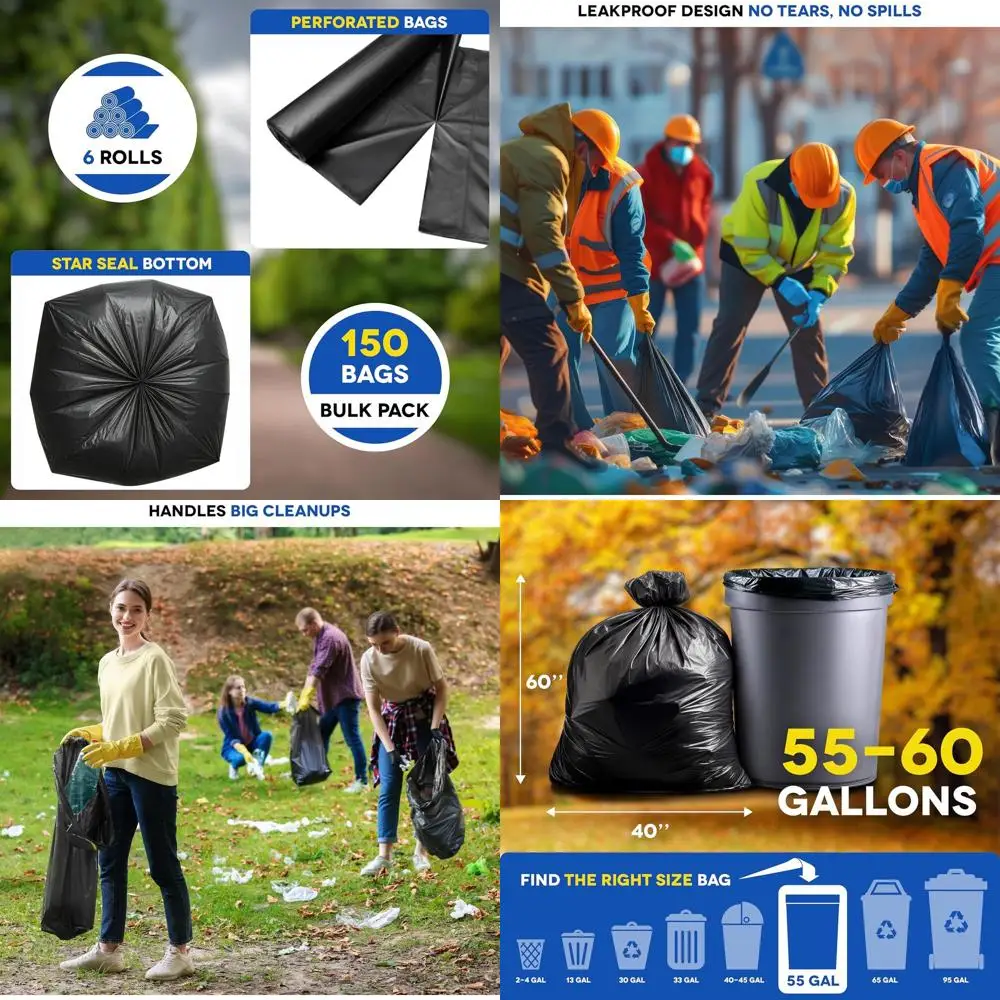 

Heavy-Duty 55-60 Gallon Trash Bags, 150 Pack, Black, Leak-Proof, Unscented, Bulk for Industrial Use, Made in USA