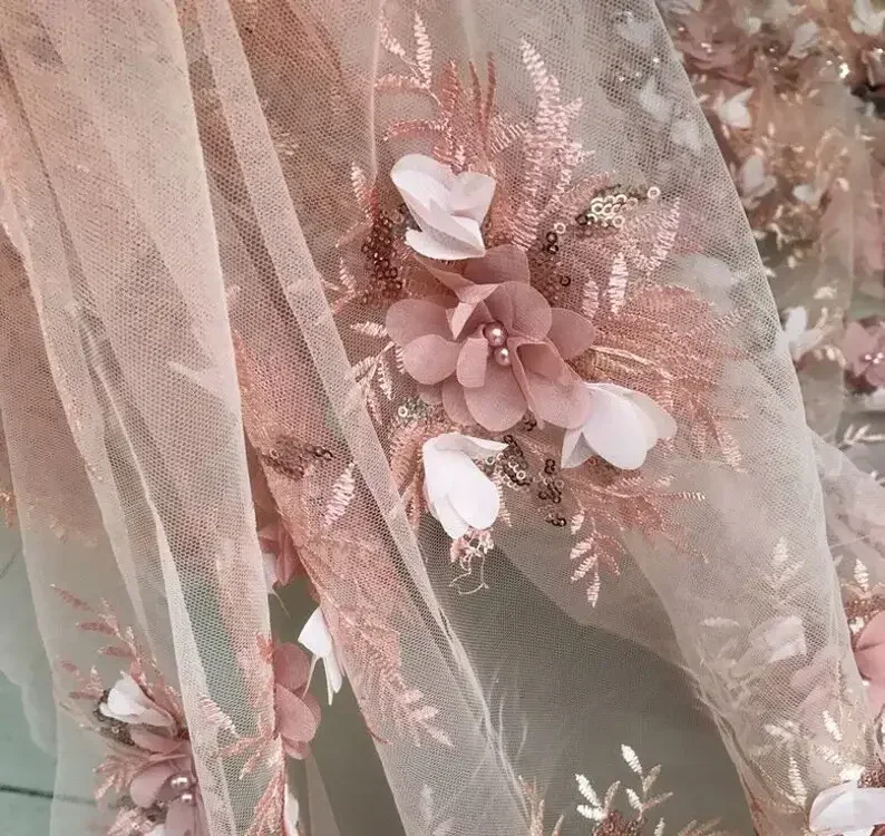 ثلاثية الأبعاد زهرة حبة اللؤلؤ أقمشة الدانتيل الوردي الشيفون الأزهار تول النسيج لفستان الزفاف الحجاب فتاة فستان توتو فستان 1 ياردة #3