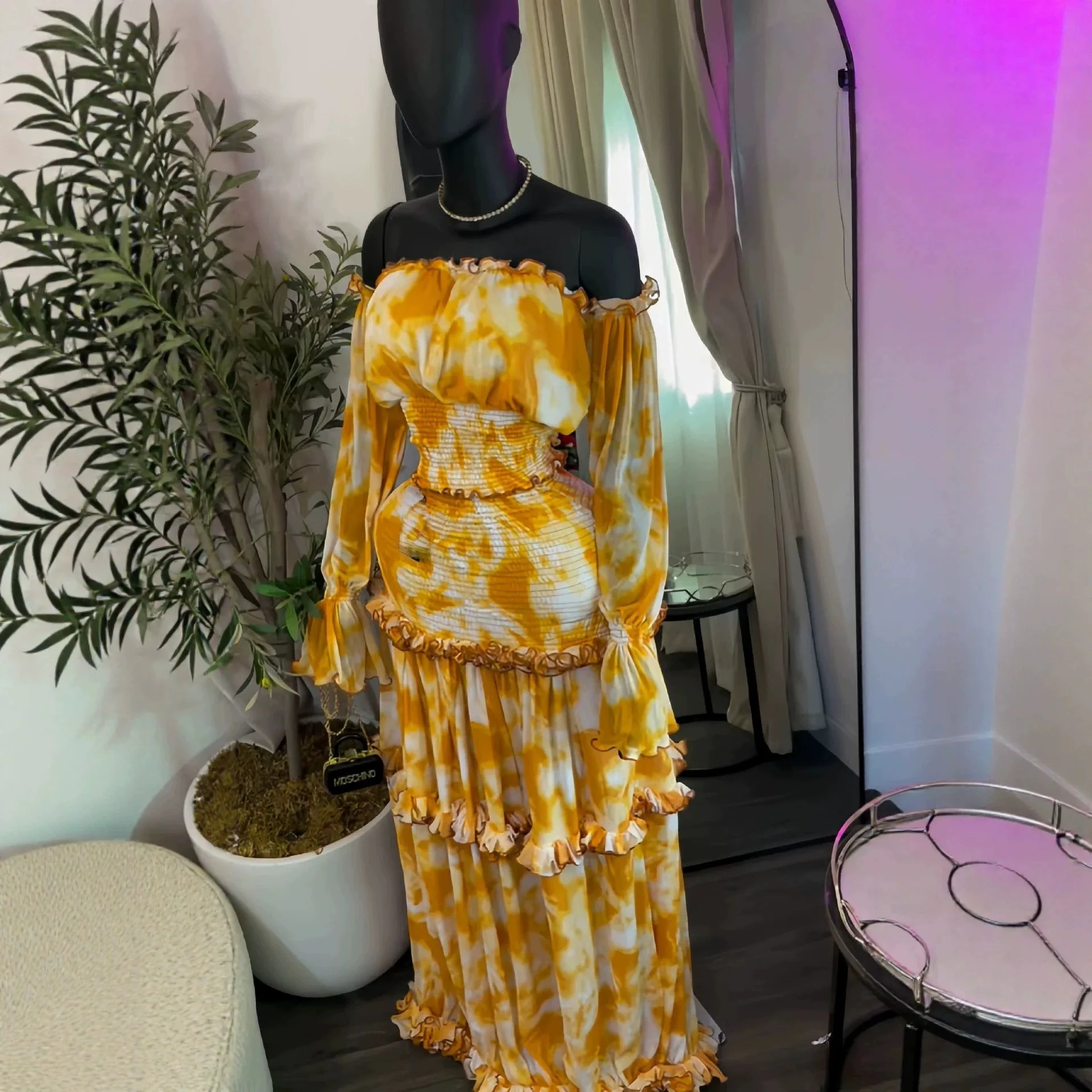 Ins Women's Long-sleeved One-shoulder, Printed Top And A-line Skirt A Two-piece Set For Vacation Summer Long Dress Midi Lace