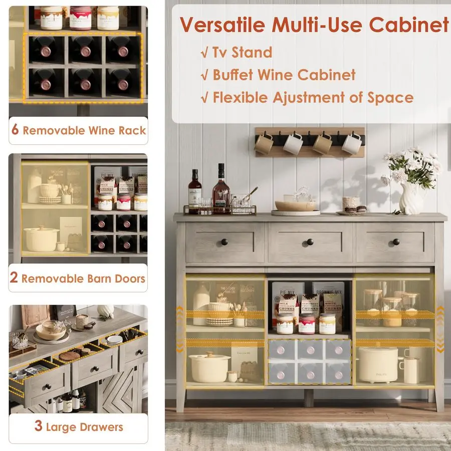 47.2 in Farmhouse Buffet Cabinet with Sliding Barn Door, Rustic Sideboard with 3 Drawer, Removable Wine Rack, Farmhouse Sideboa